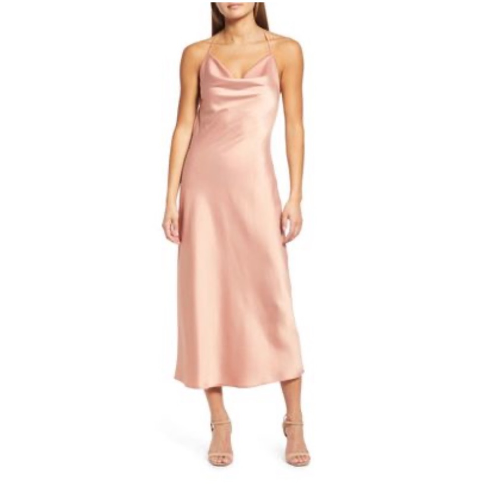 NWT WAYF Nanette Cowl Neck Midi Slipdress Large Dusty Pink (Putty)